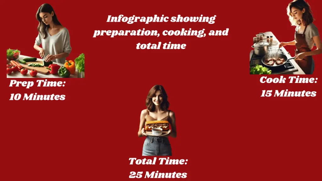 Infographic showing preparation, cooking, and total time of French Dip