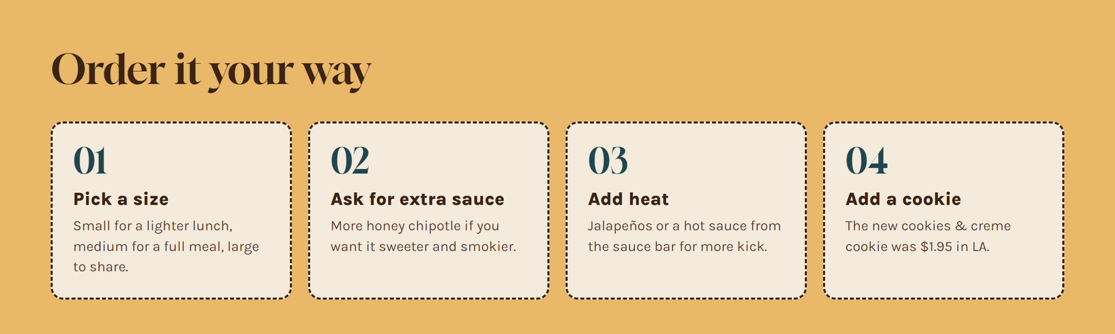 Ways to customize the Smokin' Honey Steak Melt order: size, extra sauce, add jalapeños, swap the cheese or pair with a cookie